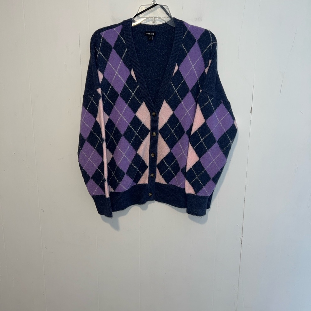 Torrid Diamond Argyle Pattern Cardigan Blue, Lavender, Pink Button Up 072626